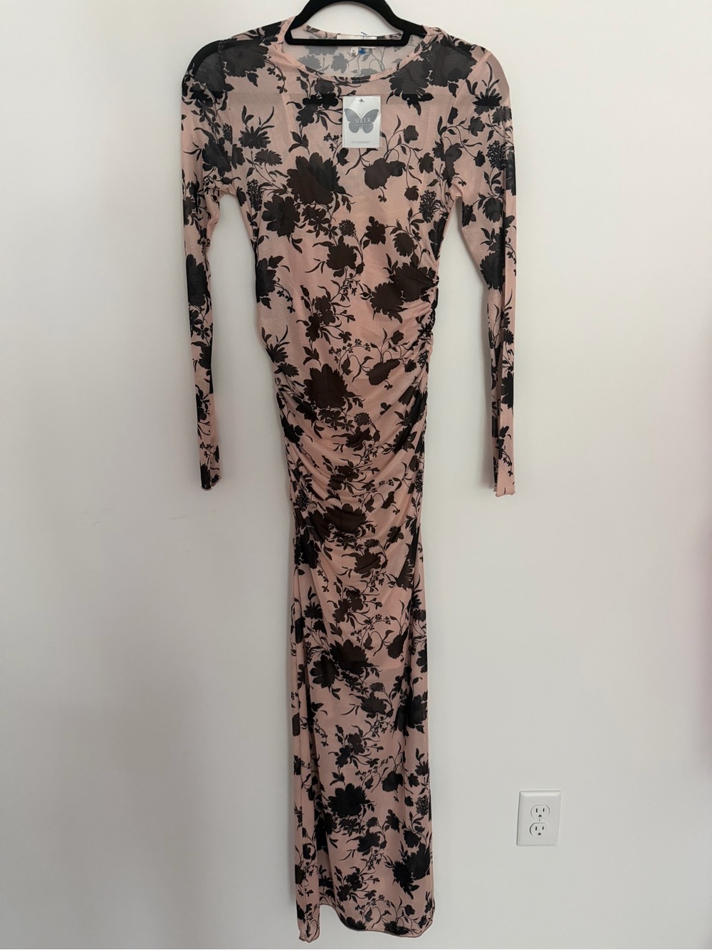 Pink Floral‎ Long-Sleeve Maxi Dress with Black Print
